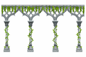 Obraz premium Ancient stone arcade with lush green vines and detailed architectural features