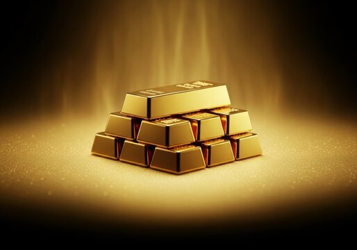 Solid gold bullion bars materialize from a shimmering, ethereal golden haze, representing wealth, luxury, and precious value, dream, success, achievement
