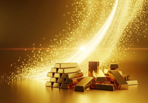 Solid gold bullion bars materialize from a shimmering, ethereal golden haze, representing wealth, luxury, and precious value, metallic, background, opulent