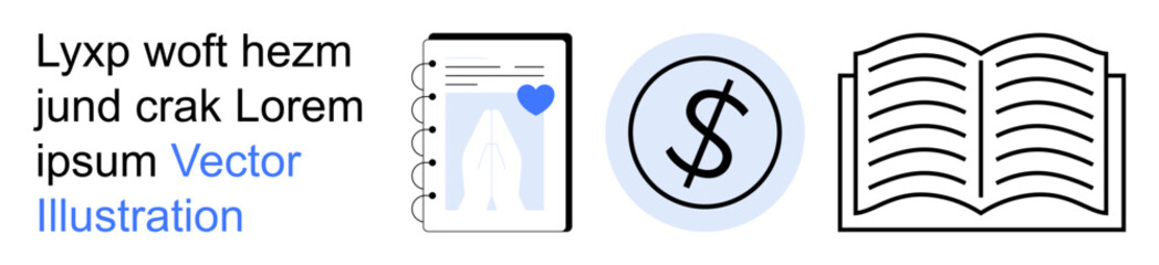 Obraz premium Finance, education, learning materials, budgeting, monetary concepts, resources. Notebook with heart icon, dollar sign in a circle and open book outline. Finance and education insights