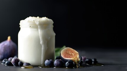 Generative AI, Kefir glass jar with fig and blueberries on black background