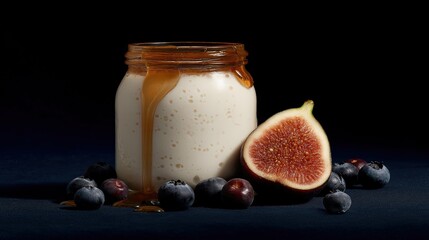 Generative AI, Kefir glass jar with fig and blueberries on black background