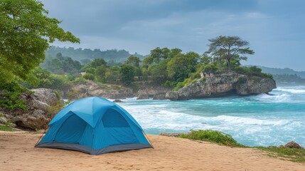 Serene Coastal Campsite with Blue Tent Overlooking Waves and Lush Greenery Under Dramatic Cloudy Sky