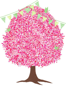 大きな桜の木と旗と鳥のイラスト