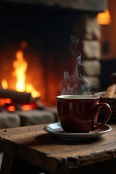Rustic fireplace setting, steaming mug near glowing embers , hot drink, steam, holiday