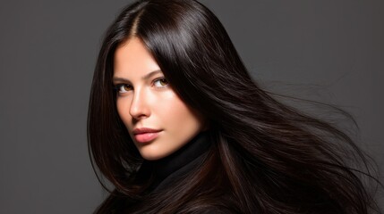 Fototapeta premium Beautiful woman with long flowing hair, captivating gaze, and flawless skin on gradient gray background
