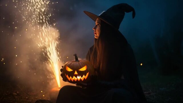 A woman in a witch's hat holds a carved pumpkin at night, surrounded by sparks and smoke