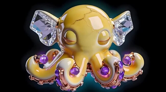 3D Luxury Chibi Mecha Dumbo Octopus with Diamond Crystal Fins, Polished Yellow Porcelain with Gold Kintsugi, Soulful Digital Pet Isolated on Black.