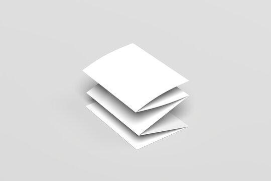 Minimalist mockup of multiple folded brochures stacked in a layered arrangement, floating with soft shadows on a clean neutral background. Ideal for showcasing editorial layouts, corporate marketing