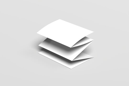 Minimalist mockup of multiple folded brochures stacked in a layered arrangement, floating with soft shadows on a clean neutral background. Ideal for showcasing editorial layouts, corporate marketing