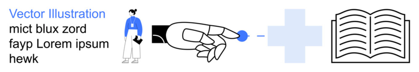 Education, healthcare, connection, learning, visual storytelling, communication. Illustration showing a person, hand pointing to a cross and an open book. Education and healthcare concept