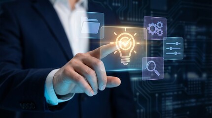 Fototapeta premium A businessman is touching a glowing holographic lightbulb with a checkmark, symbolizing innovative solutions and successful business strategy development effectively.