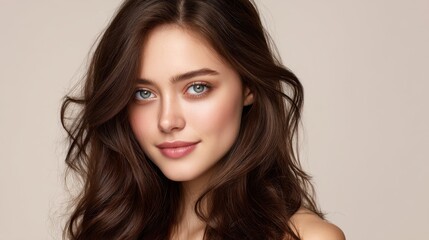 Fototapeta premium Soft and Natural Portrait of a Young Woman with Long Brown Hair and Piercing Blue Eyes on Simple Background