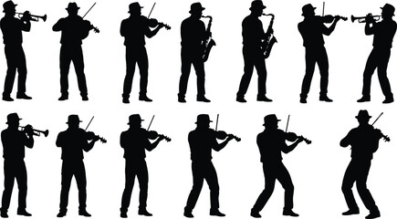 Set of black silhouettes of musicians playing musical instruments like violin, trumpet, and saxophone for jazz band or classical orchestra. © MdAbdul