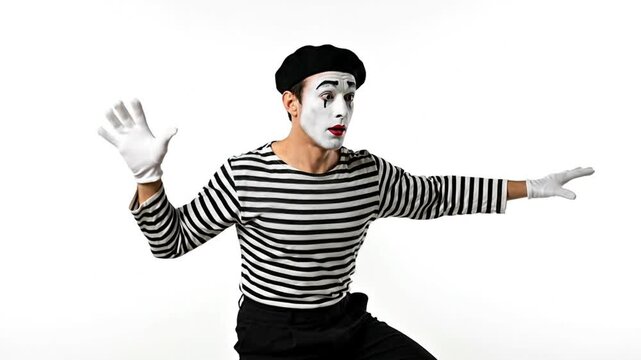 A mime performer expressing emotions against a white backdrop.