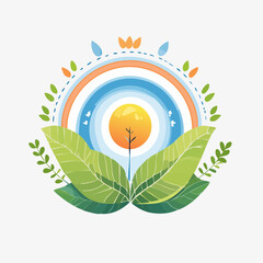 Naklejka premium Vibrant Nature Emblem with Rainbow and Lush Greenery Symbolizing Growth
