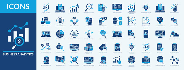 Business Analytics icon set vector illustration. Containing icon of data mining, key performance indicator, hypothesis testing and more. Flat blue icon symbol collection