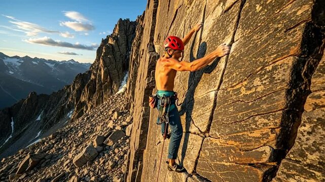 A climber scaling a rocky face against a stunning mountain backdrop.