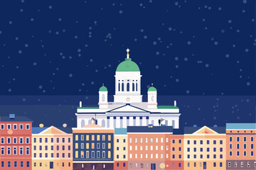 A stylized illustration depicts helsinki cathedral under a starry night sky © Indira