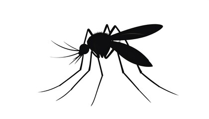 Silhouette of a mosquito, wings spread and legs extended, on a plain white background