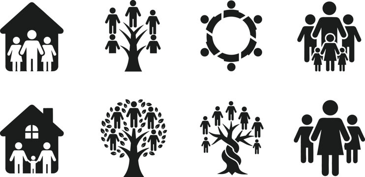 Set of flat black family icons including genealogy trees community circles and parents with children inside house silhouette shapes
