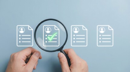 This image shows hands using a magnifying glass to highlight an approved document. It symbolizes collaborative document review, successful verification, efficient compliance and approval processes.