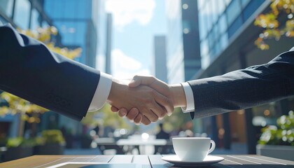 ビルが並ぶ都会のオープンカフェで握手を交わすスーツ姿の男性の手元　ビジネス、商談、契約イメージ