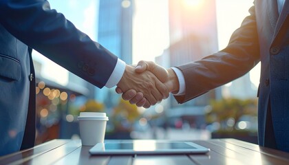 ビルが並ぶ都会のオープンカフェで握手を交わすスーツ姿の男性の手元　ビジネス、商談、契約イメージ
