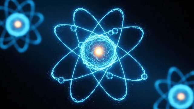 A stylized illustration of an atom's structure.  Light blue lines and particles depict the orbits of electrons around a central nucleus.  Dark background emphasizes the glowing components