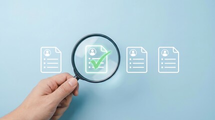 Fototapeta premium A hand holding a magnifying glass is focusing on a document icon marked with a green checkmark, surrounded by other blank document icons.