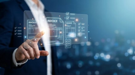 A professional businessperson's hand interacts with a futuristic holographic display showing multiple digital invoice documents and financial transaction records in a modern setting.