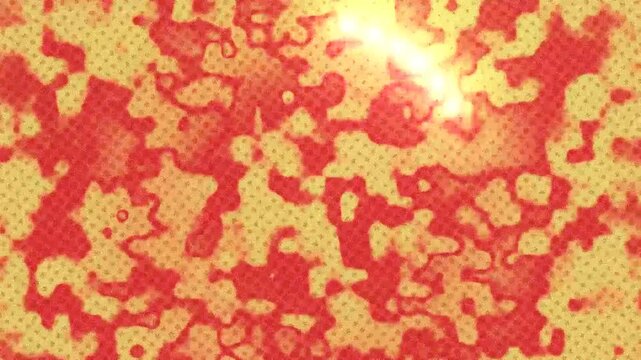 Textured abstract background with scattered red-orange patterns and bright light flares.