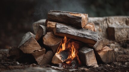 Cozy Campfire Scene with Logs and Flames for Outdoor Relaxation, Camping and Gathering Activities near Stone Wall