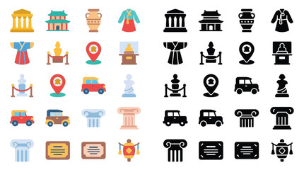 Collection of colorful and silhouette icons representing historical landmarks, cultural artifacts, and transportation, suitable for travel and museum-related content.