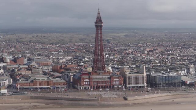 Establishing aerial view of Blackpool, seaside town in Lancashire, England, United Kingdom.