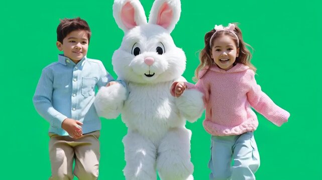 A young boy and girl running alongside a person in a white Easter bunny costume against a green screen background.