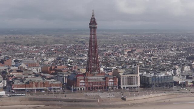 Establishing aerial view of Blackpool, seaside town in Lancashire, England, United Kingdom.