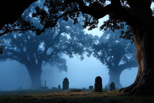 Night fog covering tombstones with silhouetted large trees in the background dense mist swirls around old graves