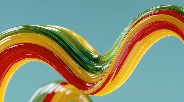 An abstract, undulating form with a smooth, glossy surface and a vibrant color palette, including red, yellow, and green. A teal background completes it