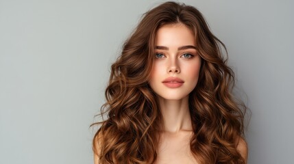 Naklejka premium Beautiful young woman with long curly hair and natural makeup posing in front of a neutral background in soft lighting