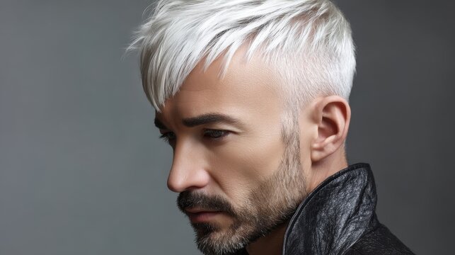 Striking Profile of a Stylish Man with Short White Hair and Beard Against a Soft Gray Background