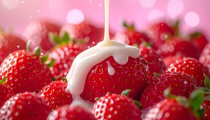 たくさんの新鮮なイチゴにとろりと練乳がかかる美味しいフルーツのイメージ　クローズアップ