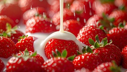 たくさんの新鮮なイチゴにとろりと練乳がかかる美味しいフルーツのイメージ　クローズアップ