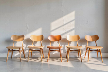 Obraz premium Row of modern Scandinavian style chairs against grey wall with sunlight shadows