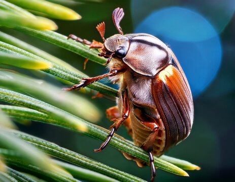closeup maybug on a coniferous branch