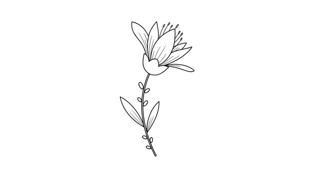 Detailed line art illustration of a single botanical flower with long leaves and delicate petals in a minimalist style.