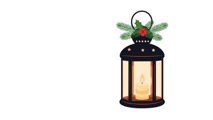 Obraz premium Beautiful black vintage lantern with a glowing candle inside decorated with pine needles and red berries for the holidays.