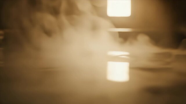 Abstract warm water surface with rising steam gentle smoke wisps illuminated by soft diffused light creating a serene