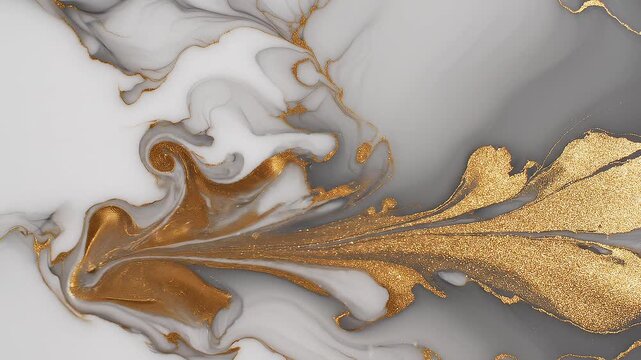 Abstract motion swirling gold and white fluid art with marble texture and elegant luxury design elements in a dynamic background