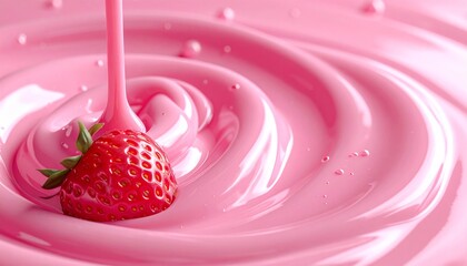 滑らかないちごスムージーや苺ミルクチョコレートの液体の波紋のクローズアップ